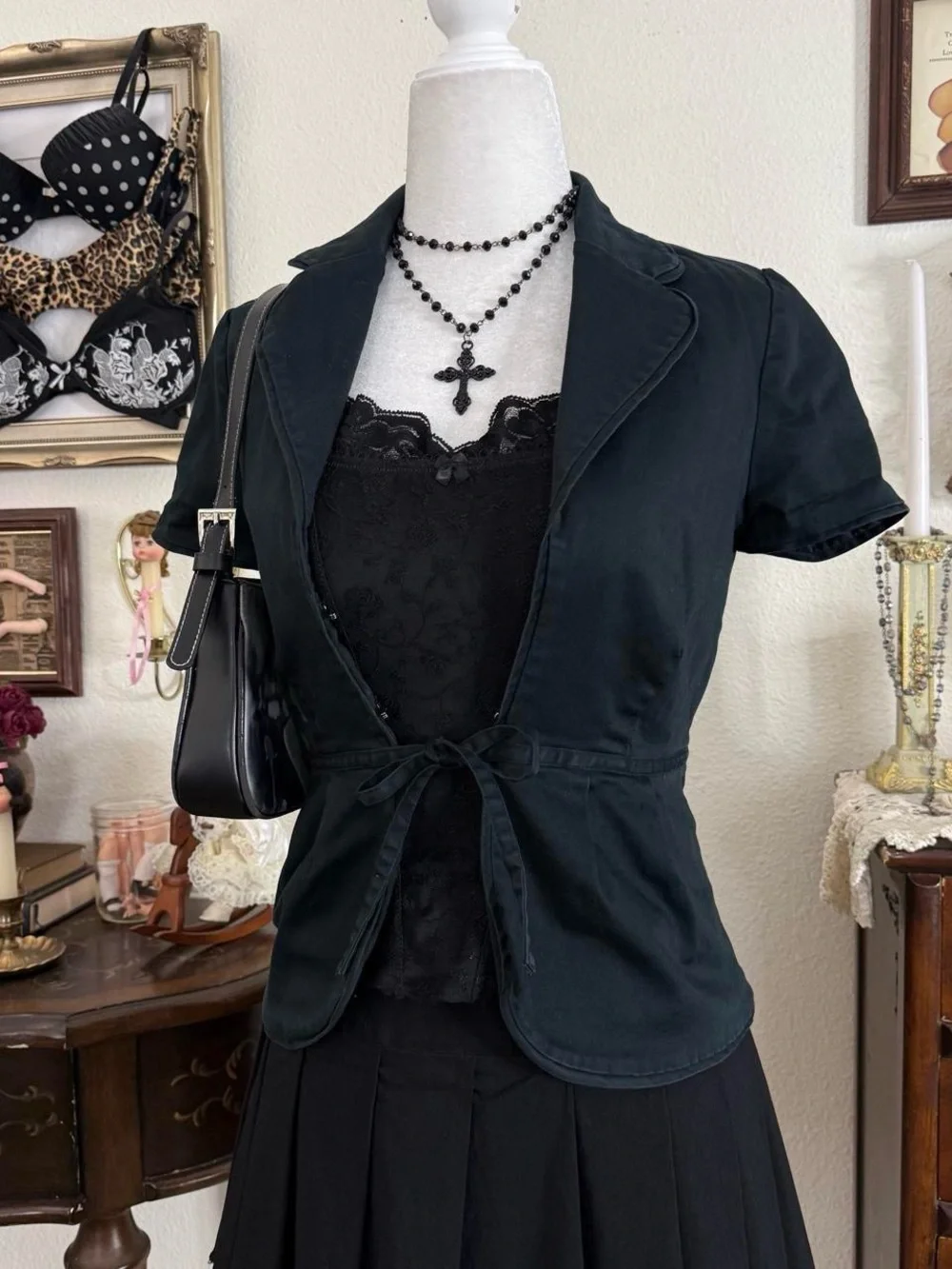 Y2k vampy office siren girly goth black short sleeve tie front jacket